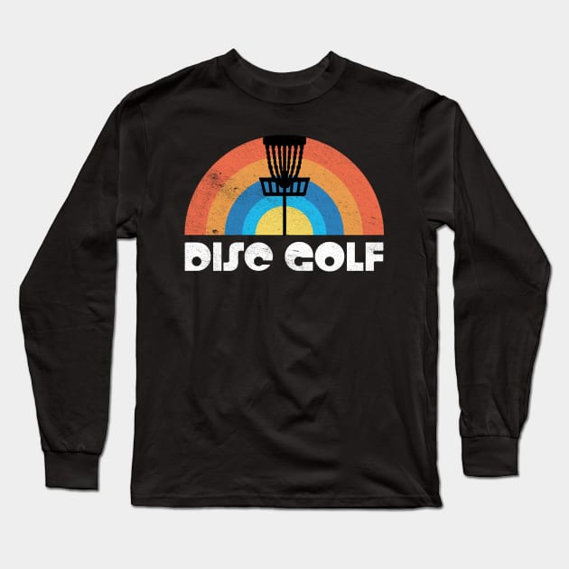 Vintage Disc Golf Basket Silhouette Retro Rainbow Distressed Graphic Long Sleeve T-Shirt by SolarEscape